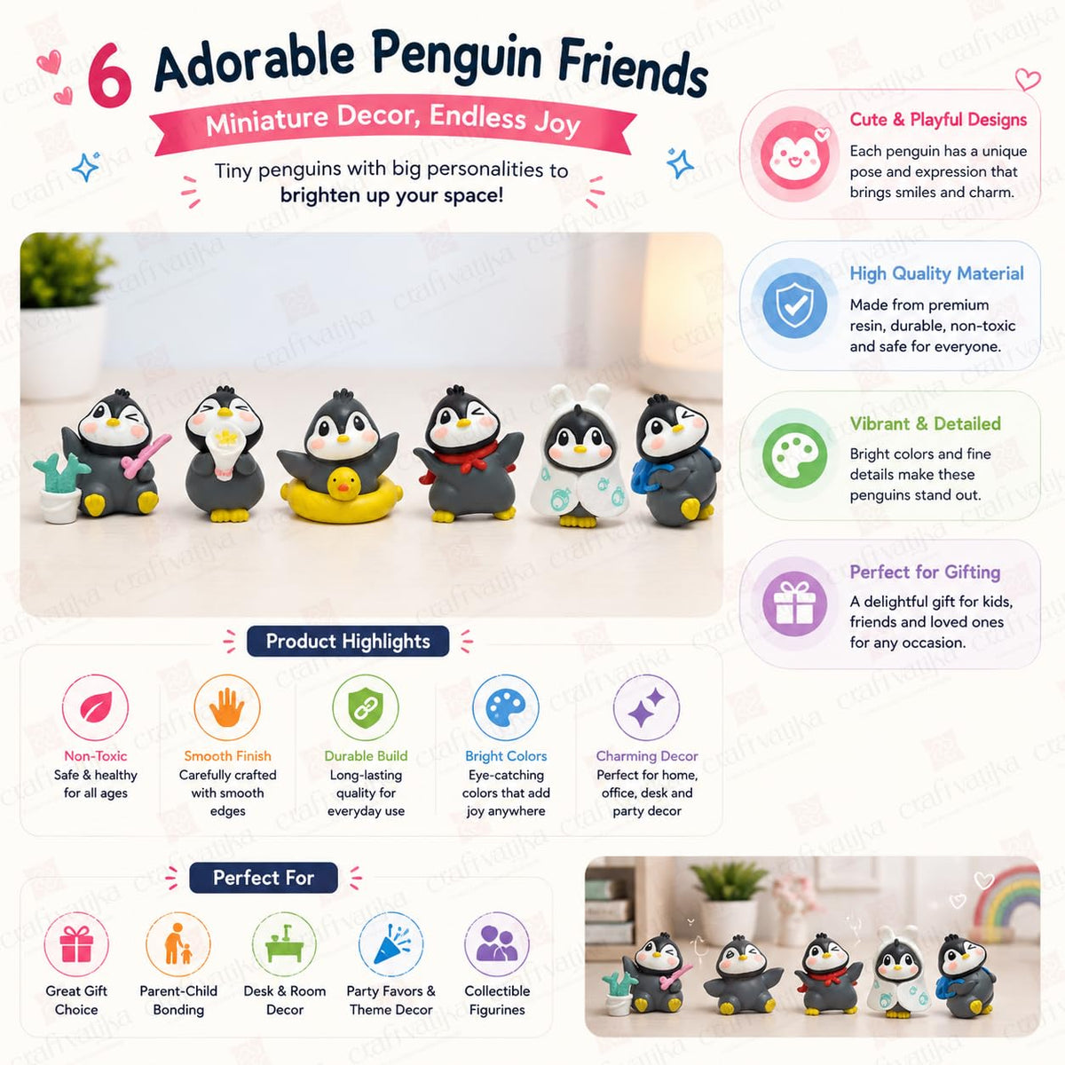 Miniature Showpiece Birthday Gift for Girls Kids, Penguin Showpiece Set of 6 for Home Decor Items, Car Dashboard Items, Table Decoration Items, Valentine Day Gift for Girlfriend