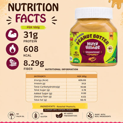 Nutty Village Natural Unsweetened Peanut Butter Creamy with 31.08g Protein - No Added Sugar and Salt - No Palm Oil - Vegan and Gluten free - 325g Peanut Butter
