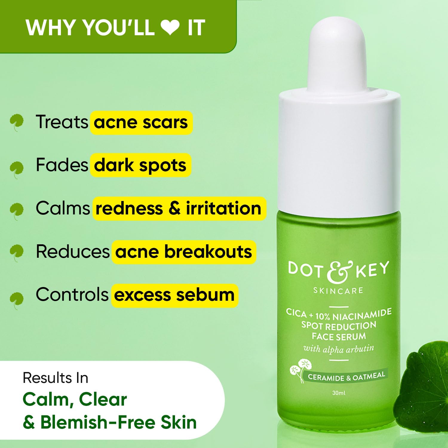 zephivo Dot & Key 10% Niacinamide + Cica Serum | Reduces Acne & Dark Spots | Niacinamide Serum | Controls Excess Oil, Quick Absorbing, & Lightweight | For Oily, Acne Prone & Sensitive Skin | 20ml
