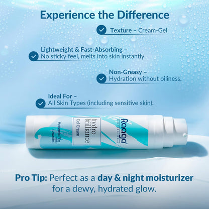 Raaga Professional Hydro Brilliance Gel Cream | Hyaluronic Filler with Ceramides | Paraben Free, Sulphate Free, Dermatologically Tested (55 ml)
