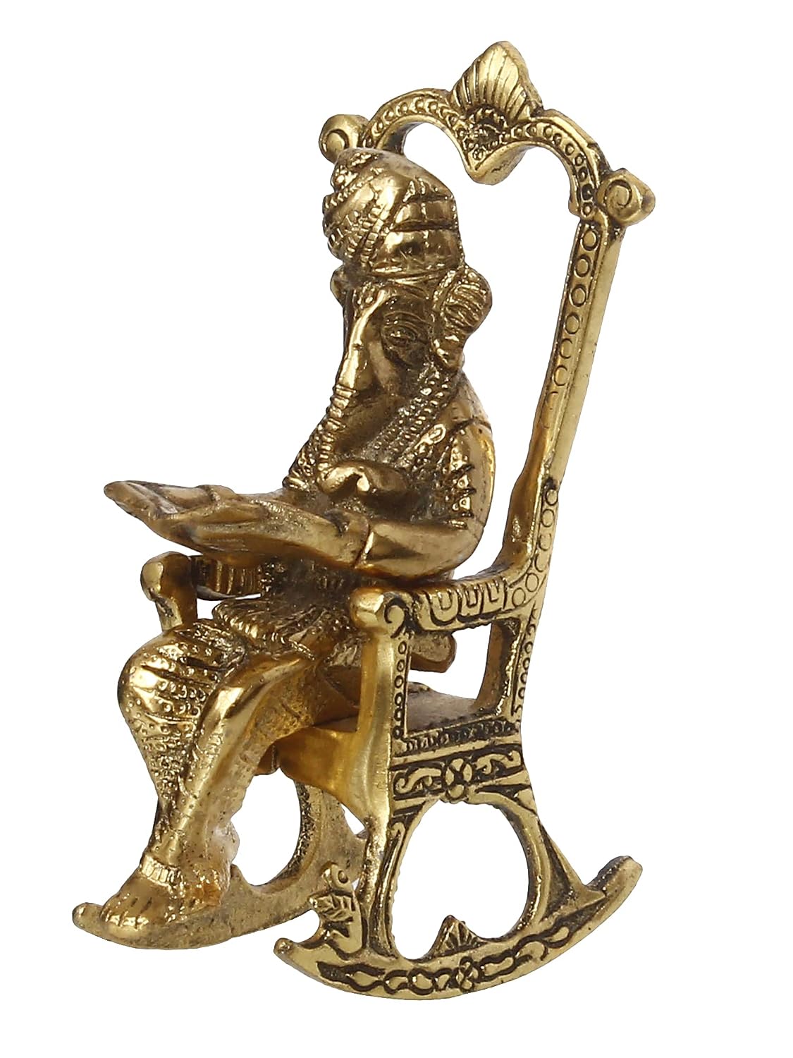Golden Metal Lord Ganesha Idol Reading Book On Rocking Chair - Decorative Hindu God Statue for Home Decor - Gift for Diwali, Housewarming - Ideal for Living Room, Office, Study Areas