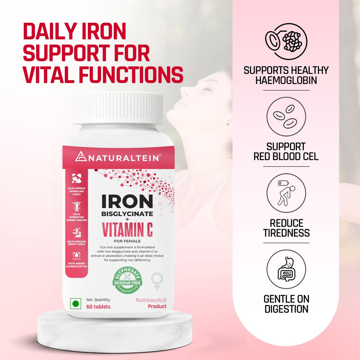 Bottle of Naturaltein Iron Bisglycinate Vitamin C supplement with text on a pink background