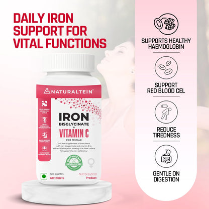 Bottle of Naturaltein Iron Bisglycinate Vitamin C supplement with text on a pink background