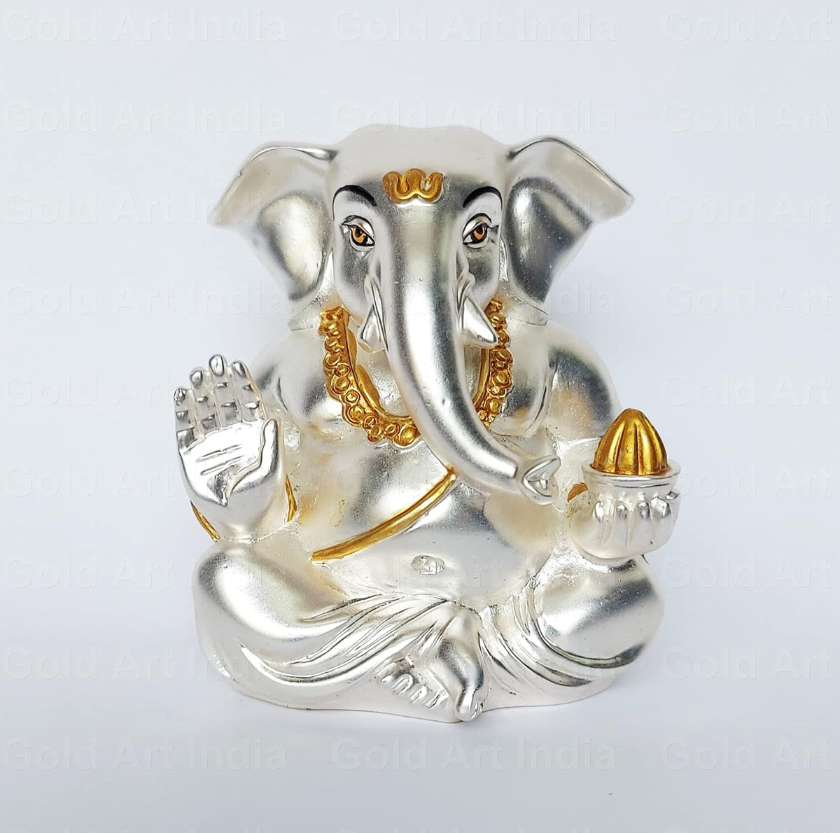 Gold Art India Ceramic Matte Silver Plated Appu Ganesha for Car Dashboard Showpiece Diwali Gifts, Birthday Gifts (Silver, 5x4)