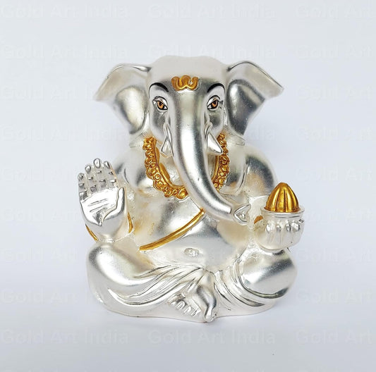 Gold Art India Ceramic Matte Silver Plated Appu Ganesha for Car Dashboard Showpiece Diwali Gifts, Birthday Gifts (Silver, 5x4)