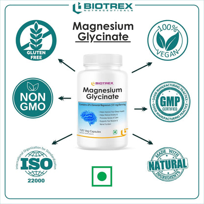 Biotrex Nutraceuticals Magnesium Glycinate | Highest Bioavailability | Cramps, Sleep & Mood balance | Chelated Form With Superior Absorption | Muscle Recovery & Nerve Function | 120 Veg Capsules