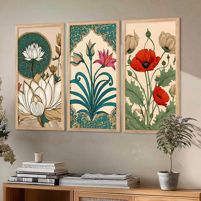 Indian Traditional Madhubani Art Home Decoration Wall Painting Art With Frame For Living Room Bed Room Hotel Wall Decor Digital Reprint Engineered Wood Set of 3 (1, 10x19 inch)