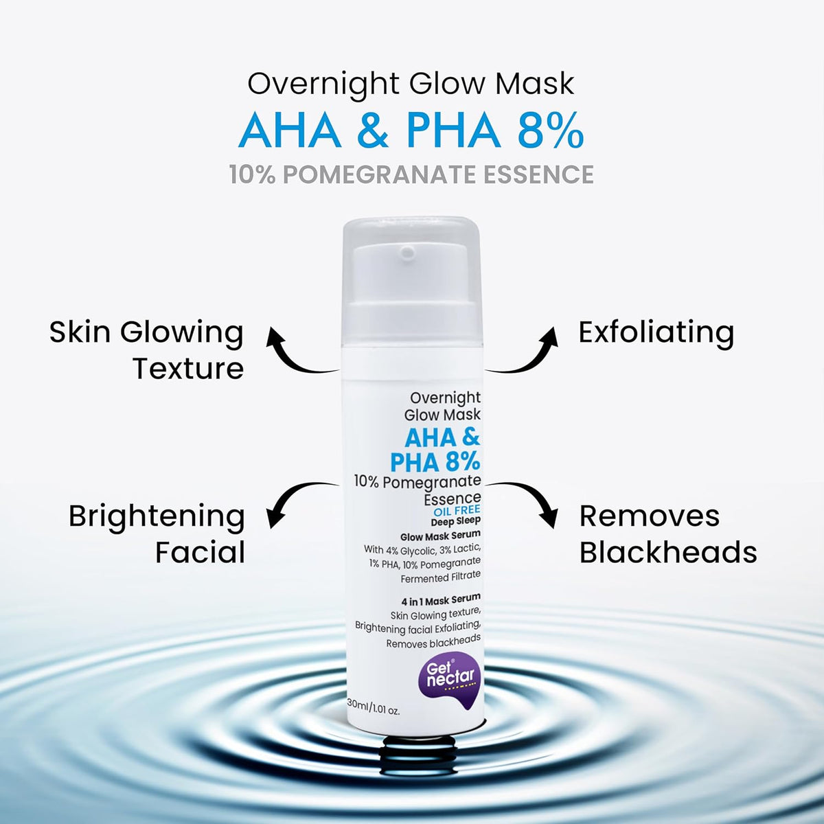 Skincare product with text highlighting its benefits on a white background