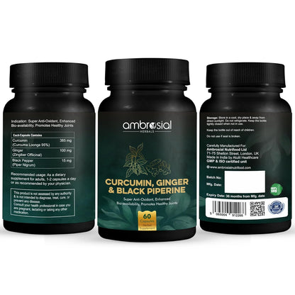 Three bottles of Ambrosial Curcumin, Ginger & Black Piperine supplement on a white background