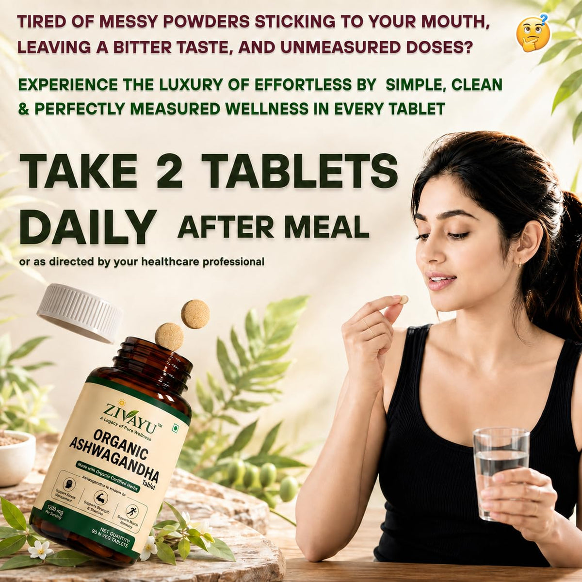 ZIVAYU Organic Ashwagandha Tablets 1200mg (600mg x 2 Per Serving) - Supports Stress & Anxiety Relief, Sleep & Muscle Recovery - USDA & India Organic Certified - Heavy Metal Tested - 90 Tablets