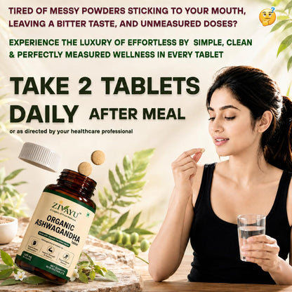 ZIVAYU Organic Ashwagandha Tablets 1200mg (600mg x 2 Per Serving) - Supports Stress & Anxiety Relief, Sleep & Muscle Recovery - USDA & India Organic Certified - Heavy Metal Tested - 90 Tablets