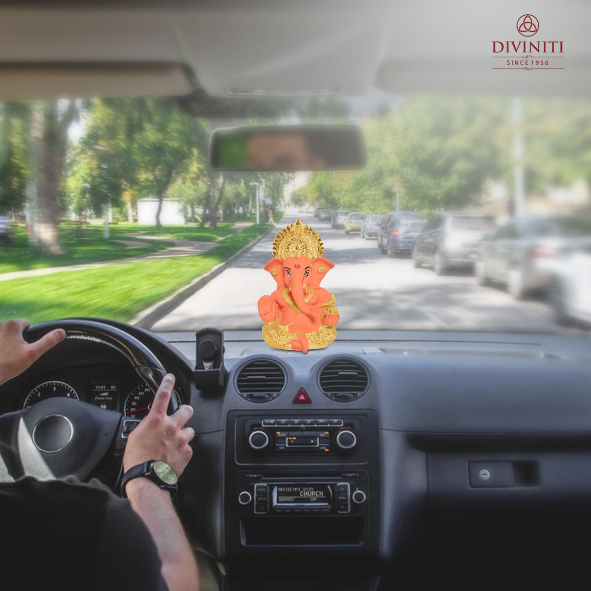 24K Gold Plated Resin Lord Ganesha Idol for Car Dashboard, Tabletop|Ganesh Statue for Good Luck and Success|Ganpati Murti for Home Decor Mandir, Office Desk Puja Gift Orange & Gold(8.4x4.2cm)