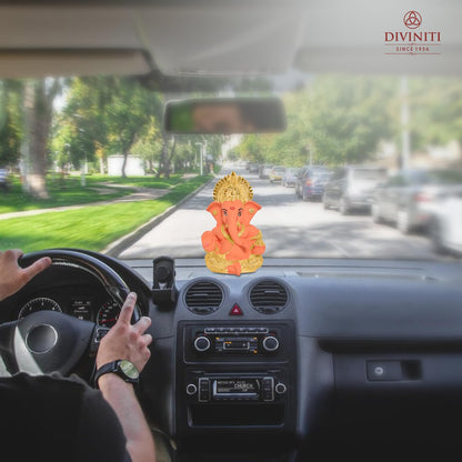 24K Gold Plated Resin Lord Ganesha Idol for Car Dashboard, Tabletop|Ganesh Statue for Good Luck and Success|Ganpati Murti for Home Decor Mandir, Office Desk Puja Gift Orange & Gold(8.4x4.2cm)