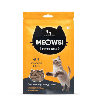 Meowsi by HUFT Power Bites Cat Treats - Chicken & Fish - 50 gm | Treats for Kittens & Adult Cats | for Persian Cat & All Breeds | Tempting Bites for Cats