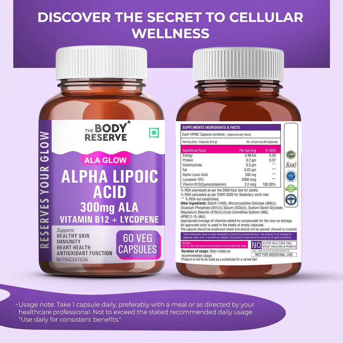 Two bottles of The Body Reserve Alpha Lipoic Acid supplement on a purple background with text about cellular wellness.