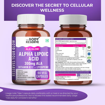 Two bottles of The Body Reserve Alpha Lipoic Acid supplement on a purple background with text about cellular wellness.