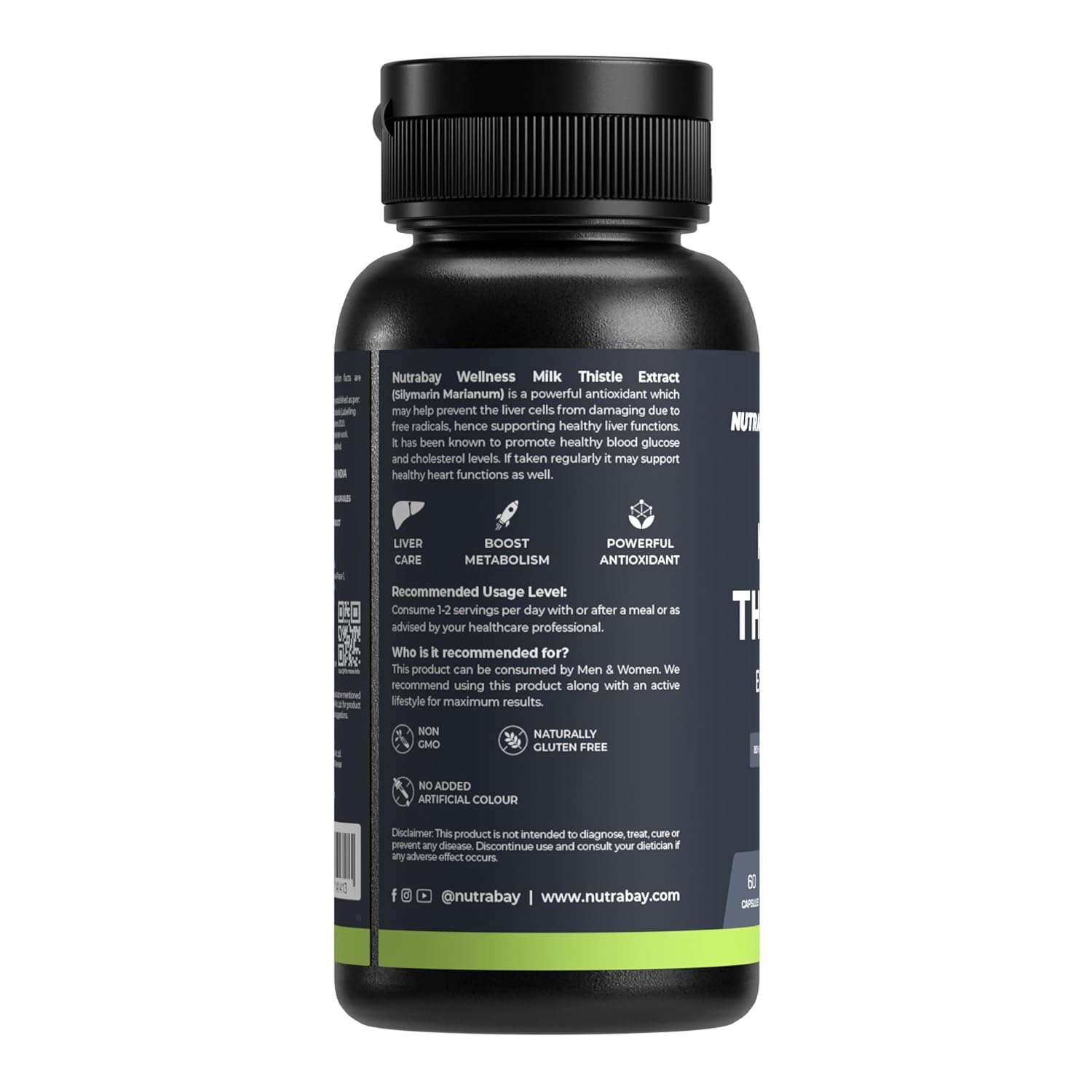 Black supplement bottle with text on a white background