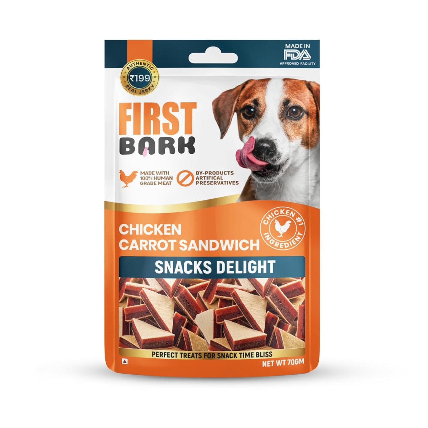 First Bark Dog Treats for Adult Dog & Puppy – Snack Delights Chicken Jerky for Dogs, Small Dogs & Shih Tzu | Dog Snacks & Puppy Treats – Chicken Carrot Sandwich (70g) x1