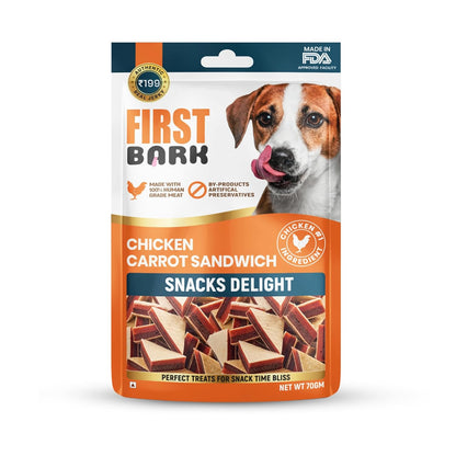 First Bark Dog Treats for Adult Dog & Puppy – Snack Delights Chicken Jerky for Dogs, Small Dogs & Shih Tzu | Dog Snacks & Puppy Treats – Chicken Carrot Sandwich (70g) x1