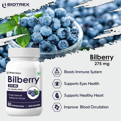 Biotrex Nutraceuticals Bilberry Extract 275mg | Anthocyanidins | Healthy Vision, Antioxidant & Eye Health Supplement | 60 Capsules