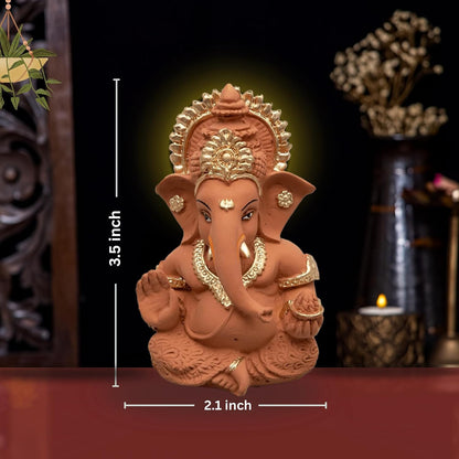 Lord Ganesha Idol for Car Dashboard, Home Temple & Office Decor | Gold Plated Resin Ganpati Murti for Puja, Mandir, Vastu, Diwali, Housewarming Gift | 3.5 Inch | Pack of 1 (Brown)