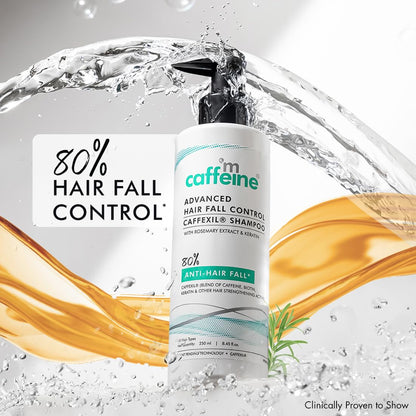 Caffeine-based hair care product with water droplets and text on a white background