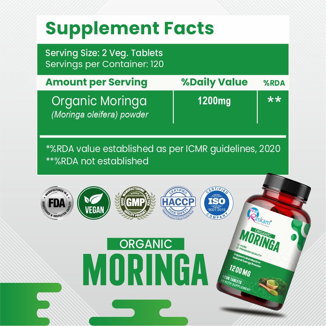 Supplement facts label for organic moringa with a bottle on a white background