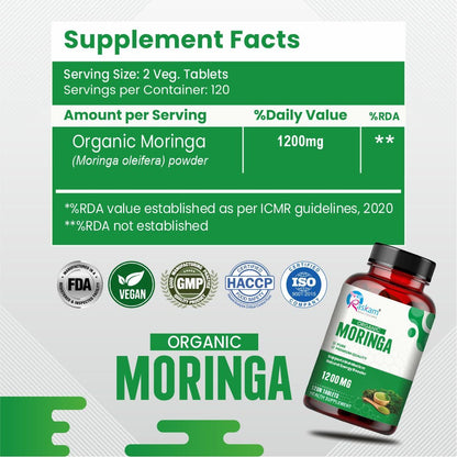 Supplement facts label for organic moringa with a bottle on a white background