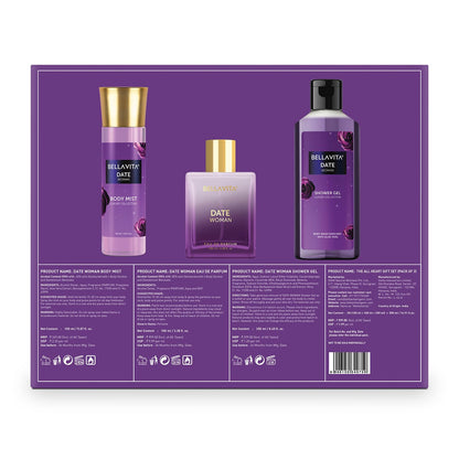Purple packaging of Bellavita Date Woman product set with bottles and text.