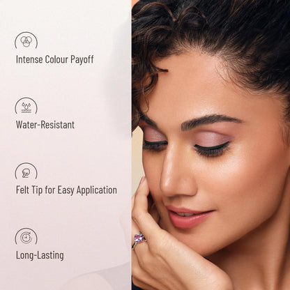 Woman with makeup application and product features listed on the left