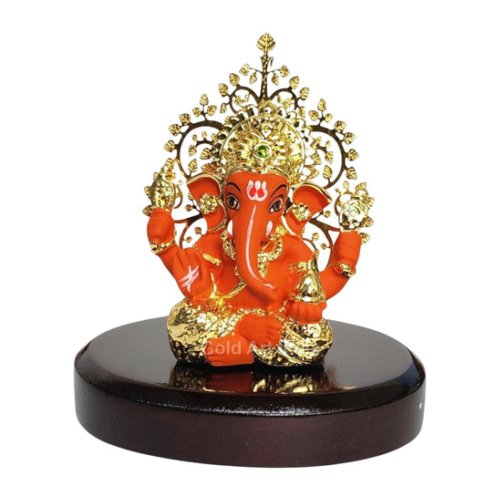 Gold Art India Lord Ganesha Idol Kalpavruksh Tree Ganesh Idol for Home Entrance Ganesh Ji for Car Dashboard | Ganesh Murti for Home Decor, Gifting & Pooja Room Oval MDF Base (Orange)