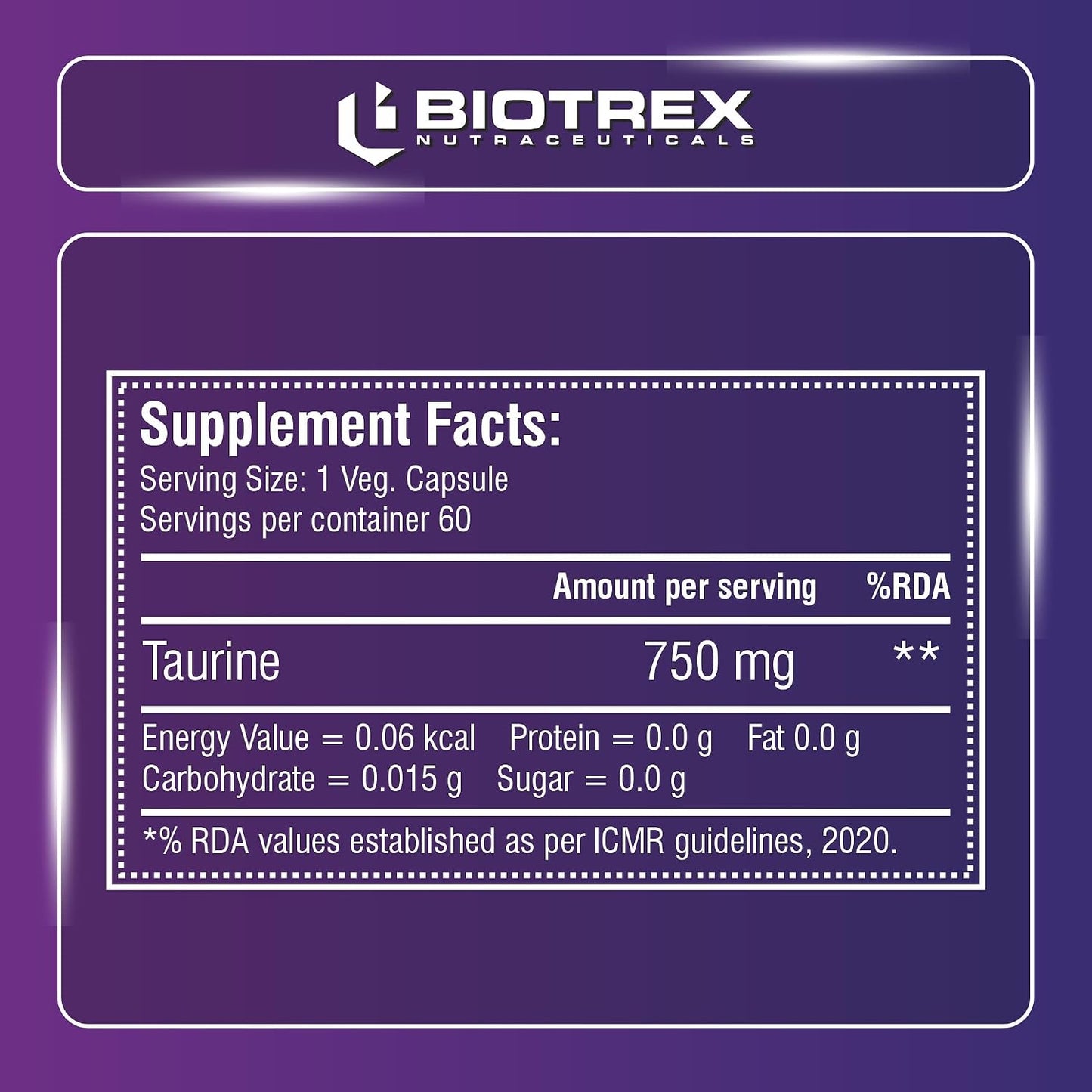 Biotrex Nutraceuticals Taurine 750mg | Antioxidant | Cardiovascular Health & Helps Enhanching Muscle Function | Eye Health | Amino Acid Supplement For Athletic Performance | Men & Women - 60 Veg Capsule
