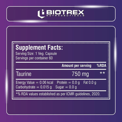 Biotrex Nutraceuticals Taurine 750mg | Antioxidant | Cardiovascular Health & Helps Enhanching Muscle Function | Eye Health | Amino Acid Supplement For Athletic Performance | Men & Women - 60 Veg Capsule