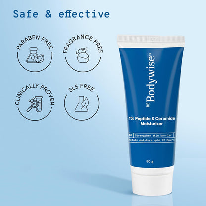 Be Bodywise 1% Peptide & Ceramide Moisturizer (50g) | Retains Moisture Upto 72 Hours | Strengthens Skin Barrier, Soothes Irritation & Redness | Lightweight, Fragrance Free Formula