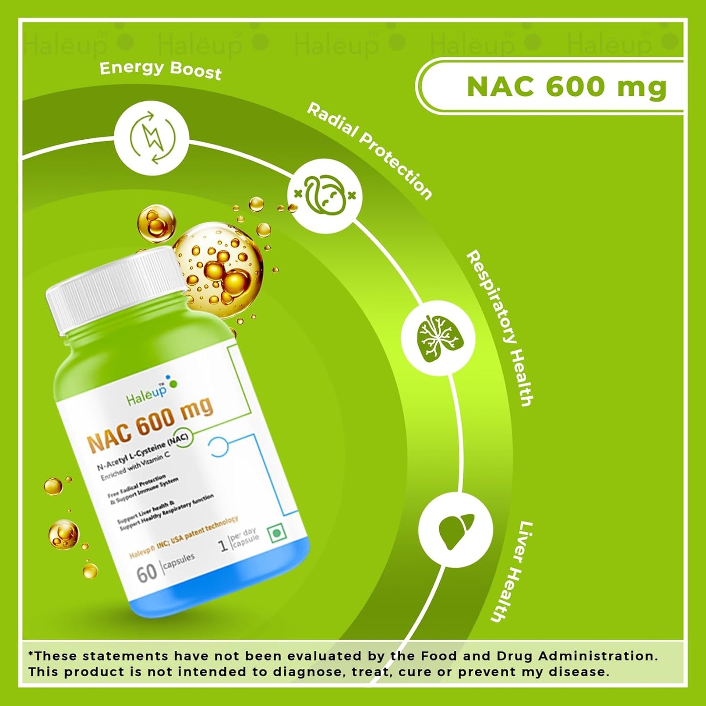 Haleup NAC 99% (N-Acetyl Cysteine) 600 mg, Haleup INC USA, 60 capsules, enriched with Vitamin C for Glutathione Production, Respiratory Health, Liver Detox, Antioxidant Support