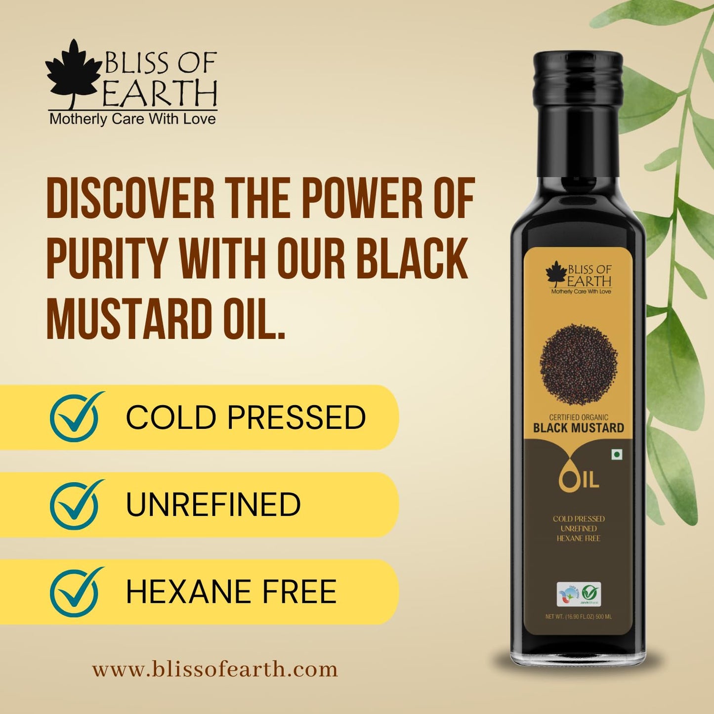 Bliss of Earth 500ML Certified Organic Mustard Oil For Cooking & Hair, Cold Pressed, Hexane Free (Pet bottle)