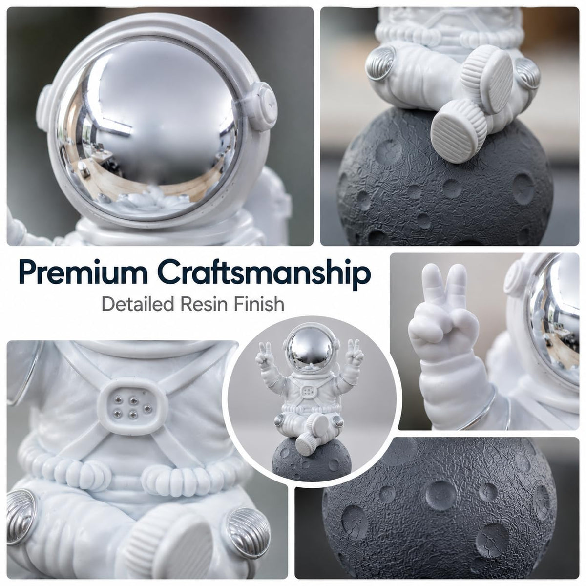 Astronaut Figurine Showpiece for Home Décor, Office Desk, Car Dashboard & Table Decoration | Space Astronaut Statue Collectible Gift for Home, Room & Workspace (Sitting on Moon Silver Large)