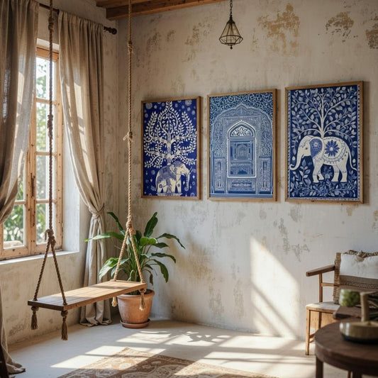 Set of 3 Blue Indian Heritage Wall Art Premium MDF Wooden Color Framed HD UV Printed Elephant Tree Palace Painting for Living Room Home Decor 13.5 Inch x 19.5 Inch