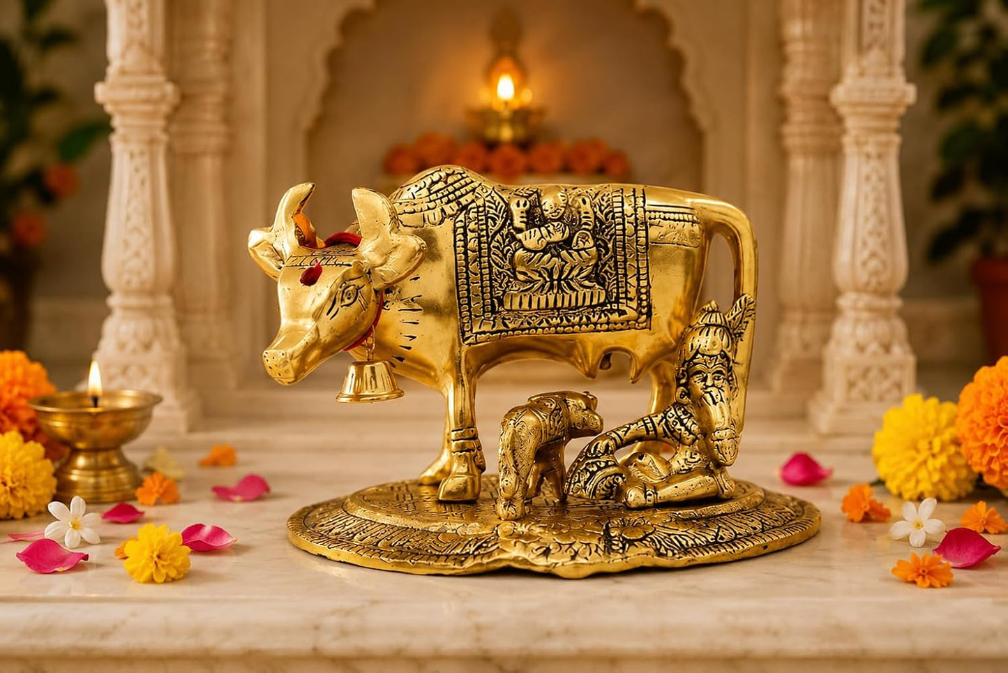KridayKraft Kamdhenu Cow with Calf & Bal Gopal Krishna Idol, 19 cm Metal Gau MATA Statue for Home Mandir, Pooja Room, Vastu & Religious Gifting, Antique Gold Finish, 910 g