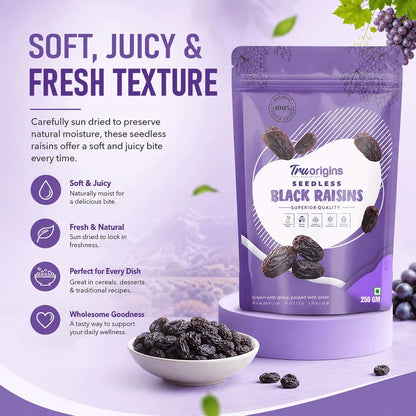 TruOrigins Seedless Black Raisins (Kishmish/Munakka) | 100% Natural & Sun Dried | Soft, Juicy & Handpicked | Premium Quality Raisins | Ethically Sourced | No Preservatives