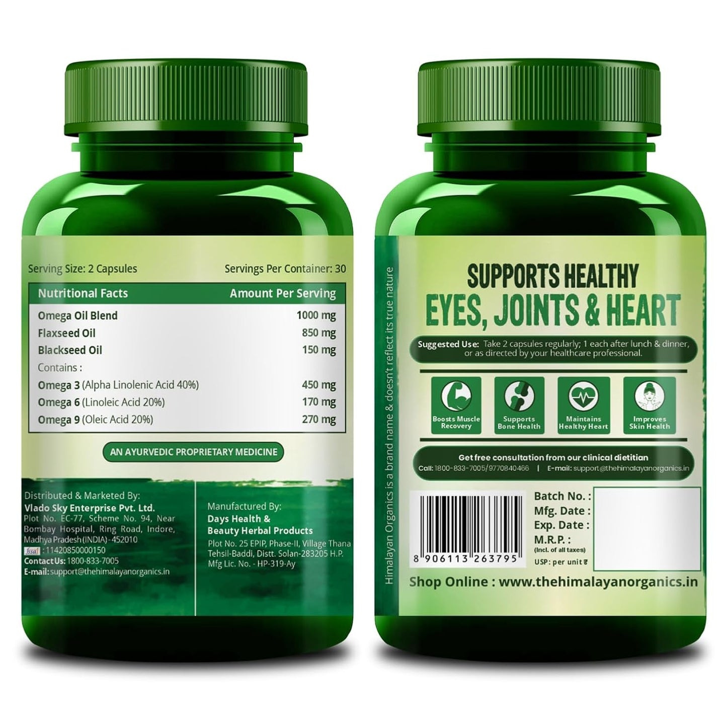 Vlado's Himalayan Organics Omega 3 6 9-2000mg/Serving I Vegetarian Omega 3 Supplement I Support Muscle,Bone,Heart & Skin - No Burps, No Fish Oil Used Capsules for Men & Women- 60 Capsules