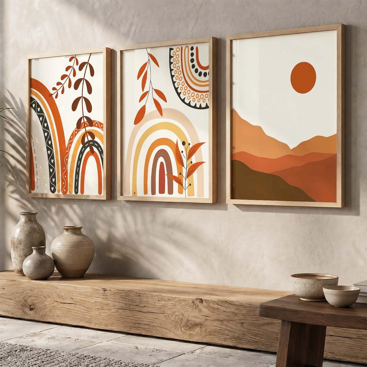 Home Decor Boho Painting Decorative Wall Art poster With Frame For Living Room Bed Room Hotel Wall Decor Digital Reprint Set of 3 (13X17 inch)