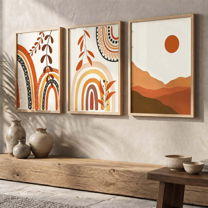 Home Decor Boho Painting Decorative Wall Art poster With Frame For Living Room Bed Room Hotel Wall Decor Digital Reprint Set of 3 (13X17 inch)
