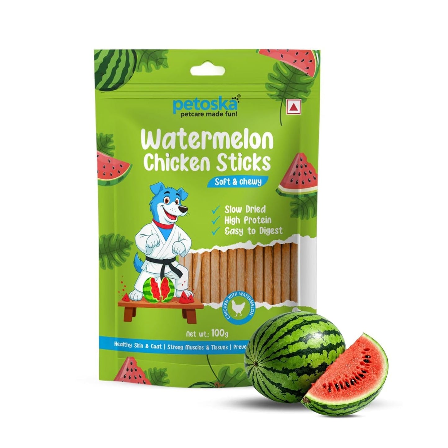 Petoska Chicken & Watermelon Dog Treats – 100 g Crunchy Chew Sticks for Puppies and Adult Dogs, Fruity Meat Snack for All Breeds