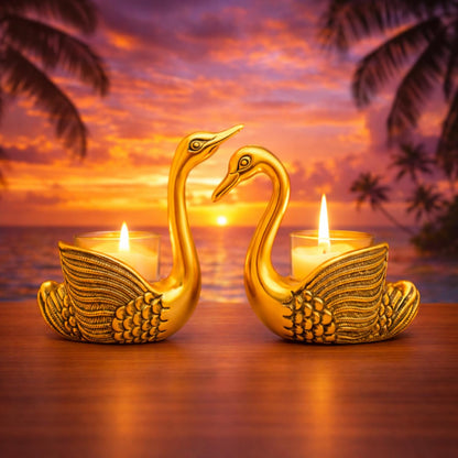 Kalakriti Golden Swan Pair Candle Holder Showpiece for Home Decoration and Good Luck | Aluminium Swans Couple Idol for Anniversary Valentine Wedding Gift & Living Room Décor (Candles not Included)