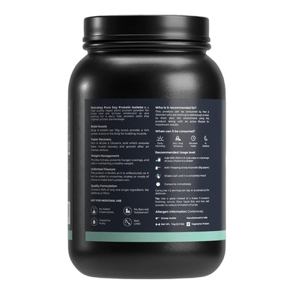 Black protein powder container with text on a white background