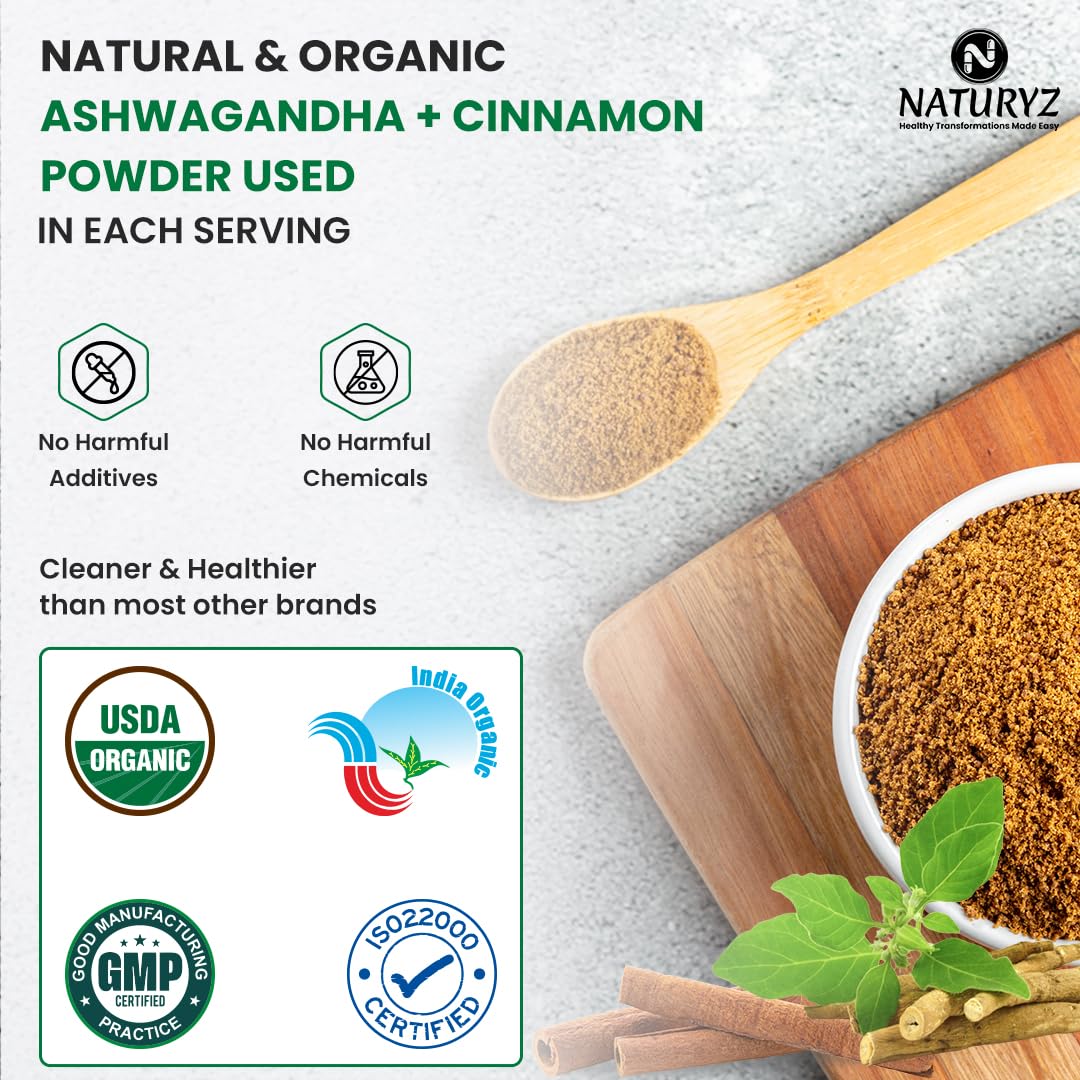 Naturyz Ashwagandha and Cinnamon powder with a wooden spoon and cinnamon sticks on a gray background.