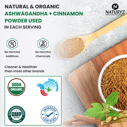 Naturyz Ashwagandha and Cinnamon powder with a wooden spoon and cinnamon sticks on a gray background.
