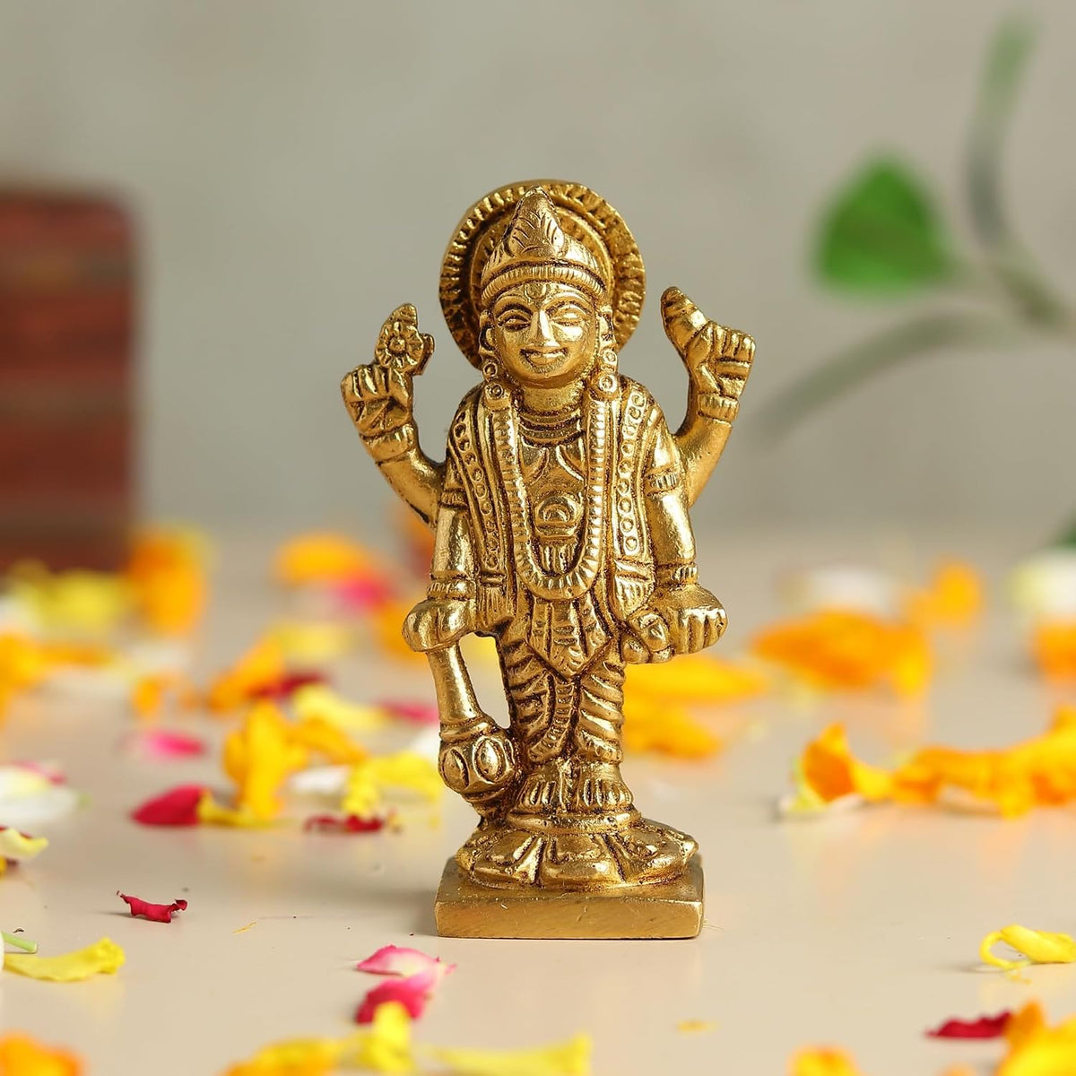 Brass Lord Vishnu Ji Idol | Vishnu Ji Murti for Pooja Room and Home Temple | Antique Brass God Figurine (Design03: L4 x W3 x H8 cm)