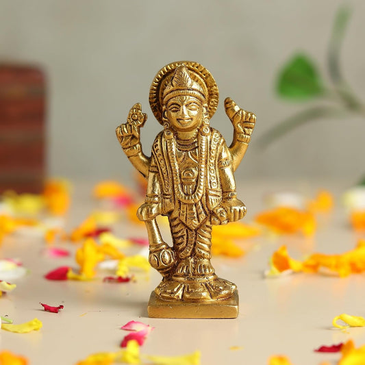 Brass Lord Vishnu Ji Idol | Vishnu Ji Murti for Pooja Room and Home Temple | Antique Brass God Figurine (Design03: L4 x W3 x H8 cm)